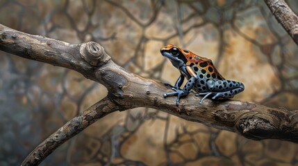 Wall Mural - A vibrant green frog sits atop a tree branch, showcasing its bright colors and intricate details