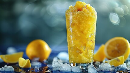 Wall Mural -   A close-up shot of a glass filled with liquid, resting on a table surrounded by lemons and ice cubes