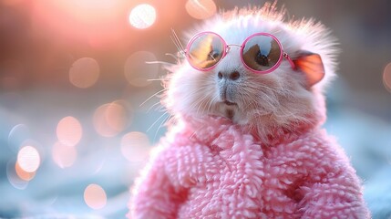 Wall Mural -   A close-up of a cat wearing a pink sweater and sunglasses against a bokeh backdrop of lights