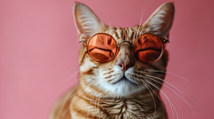 Wall Mural -   A close-up of a cat with sunglasses on its face, set against a pink background