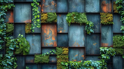 Poster - a geometric brick pattern on a green plant covered wall in an urban setting.image illustration