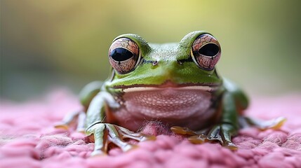 Wall Mural -   A macro photo of a frog resting atop a field of pink blooms with a soft focus background