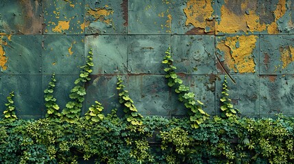 Wall Mural - a geometric brick pattern on a green plant covered wall in an urban setting.image illustration