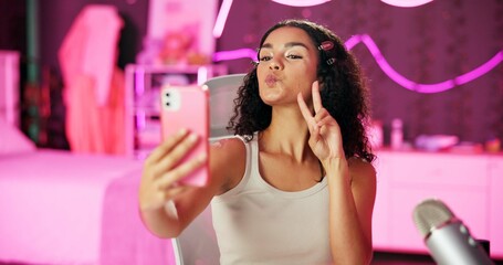 Poster - Girl, influencer and selfie for live stream for social media, connection or audience for online. Female person, gen z and bedroom with tripod for video, content creation and tech at home for website