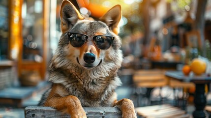 Wall Mural -   Close-up of a dog wearing sunglasses against an orange-filled table background