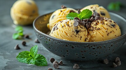 Wall Mural -   Two scoops of ice cream in a bowl with chocolate chips and mint sprinkles on the side