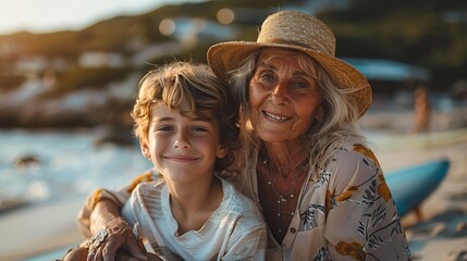 Wall Mural - grannie and grandson sitting on the sand with a surfboard while smiling.stock image