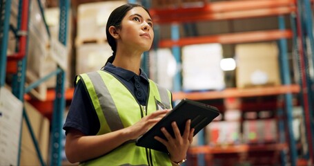 Poster - Thinking, warehouse and woman on tablet for inspection, inventory and online stock. Manufacturing, distribution and person on digital tech for logistics, maintenance and supply chain list in factory