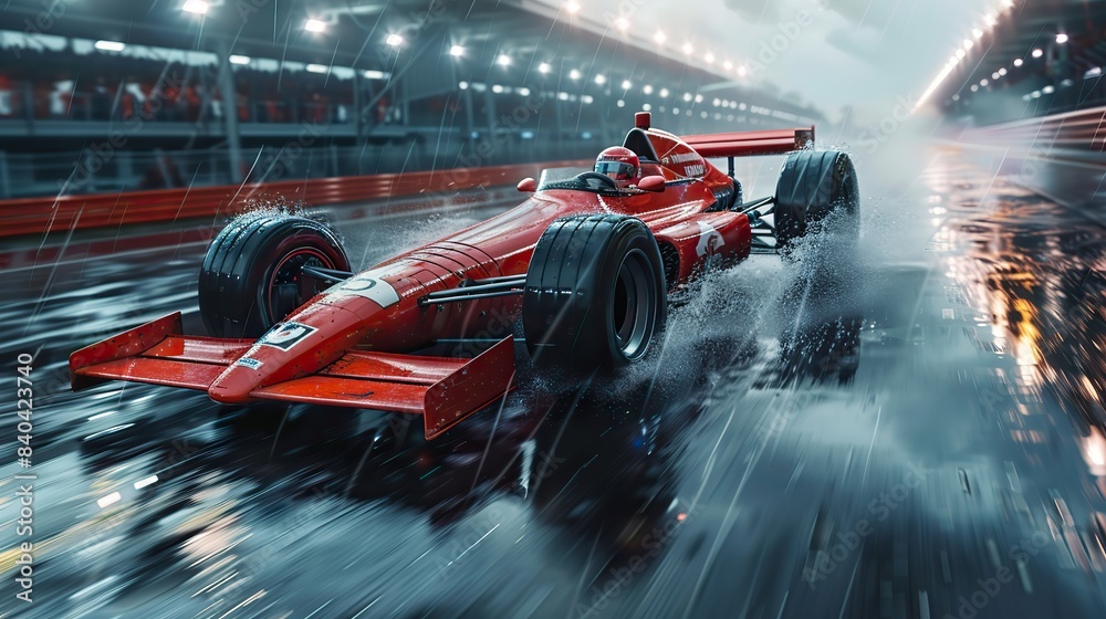 red racing car wheel moving at high speed on a wet race track concept ...