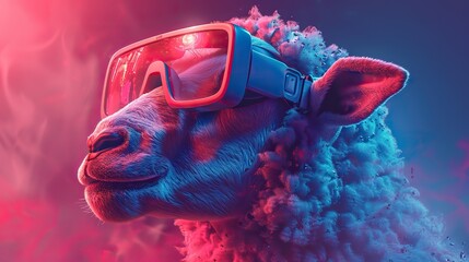 a cyberpunk inspired illustration of a futuristic sheep wearing sleek vr glasses on a gradient blue to pink background created by robot.image illustration