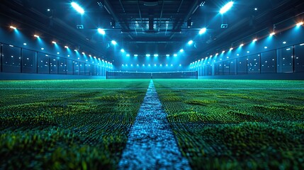 Poster - image of an empty tennis court with grass surface net and sport fans waiting for game to begin indoor stadium with flashlights concept of sporting events games activities championships.stock image