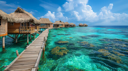 This is an image of a beach resort with thatched huts and a dock in the water, on a sunny day, houses on stilts, waterfront houses, paradise in the background, 8K