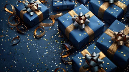 Fototapete - ai illustration of blue gifts with gold bows and ribbons on a blue background.image illustration