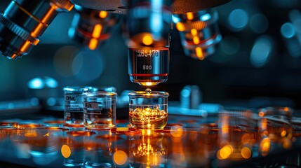 Poster - scientists study a sample under a microscope.stock image