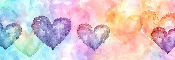 Wall Mural - Watercolor art of multicolored hearts on a vibrant background. Concept of love, romance, abstract art, artistic design. Greeting card, postcard, banner. Abstract wallpaper