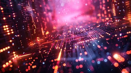 Poster - artificial intelligence abstract illustration of geometric shapes and structures in neon colors and lights in cyberspace on a dark background.stock photo