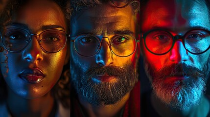 Poster - in neon light collage of close up portraits of people of different ages looking at the camera concept of human emotions youth lifestyle facial expressions.image illustration