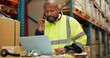 © peopleimages.com - Man, phone call or laptop for logistics in warehouse, shipping or talking of order for distribution. Factory manager, smile or mobile for networking to import inventory or technology in manufacturing