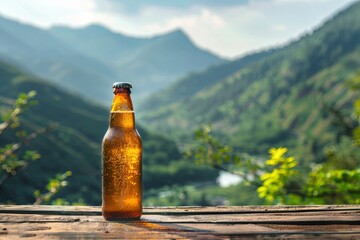 Wall Mural - Bottle of beer on table overlooking mountain in natural landscape