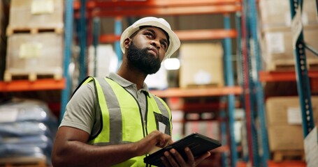 Poster - Supply chain, warehouse and black man on tablet for inspection, inventory and online stock. Manufacturing, distribution and person on digital tech for logistics, maintenance and shipping in factory