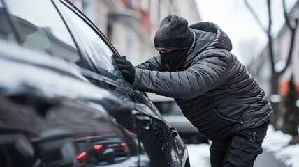 A masked man attempts to break into a car, a crime of opportunity, a criminal act, wintery conditions, snow on the ground, street scene