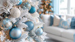 © Sawoon - Festive elegant white Christmas tree blue lux ornaments bauble ball lights decorations Hamptons sofa living room interior glamorous indoor coastal Cape Cod eco xmas home decor seaside beach lifestyle