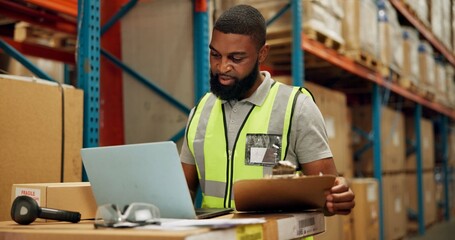 Poster - Man, laptop and checklist for inventory in warehouse, technology and research for logistics solutions. African worker, computer and stock taking for ecommerce and online order in distribution center