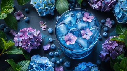 Wall Mural -  A dark surface surrounds a glass bowl of blueberries in water, while purple and blue hydrangeas frame it