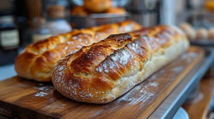 Wall Mural - Freshly Baked Loaves of Artisan Bread Displayed on Wooden Board. Generative AI