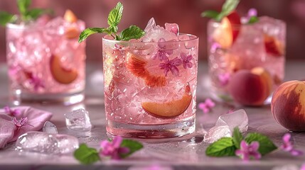 Wall Mural -   A close-up of a glass with a drink on a table, surrounded by ice and fruit