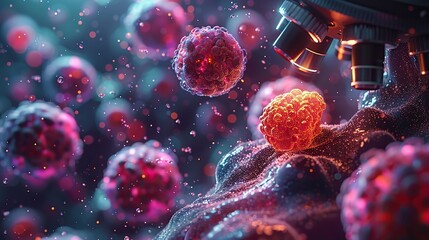 Poster - graphical ai illustration of a colorful stem cell under a microscope in a laboratory.image illustrat