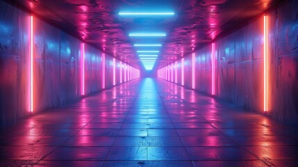 Poster - imaginative ai illustration of an abstract futuristic corridor with purple and blue neon lights.stock illustration