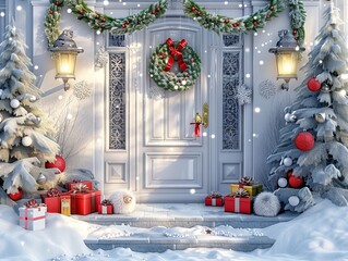 Sticker - large white door with a garland, lanterns, Christmas trees, red gift boxes, gentle snow, and a white hedgehog