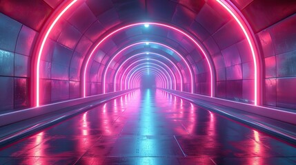 Poster - imaginative ai illustration of an abstract futuristic corridor with purple and blue neon lights.stock illustration