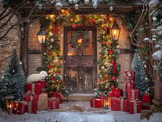 Poster - The cottage door with an elaborate garland, lanterns, numerous red gift boxes, Christmas