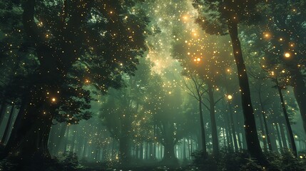 The photo shows a beautiful forest with a lot of green trees and a bright light in the middle