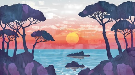 Retro sea sunrise and trees illustration poster background
