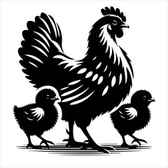 Mother Hen with Her Chicks silhouette vector. Happy mother hen walking with her cute little chicks