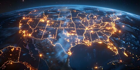 Wall Mural - Nighttime 3D rendering of US with glowing city lights showing global network. Concept 3D Rendering, Nighttime Scene, United States, Glowing City Lights, Global Network