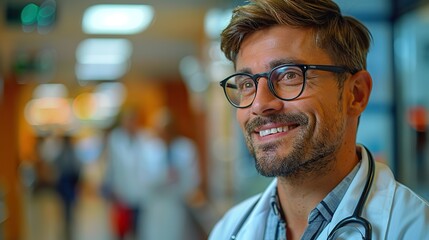 Wall Mural - male doctor wearing eyeglasses in low angle at hospital smiling.stock image