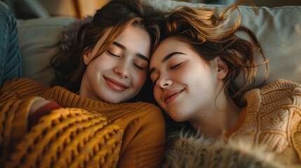 Mom and daughter resting on comfortable couch in modern home interior. An optimistic relaxed young mother lies on the sofa with her head on her daughter's lap, chatting with her and laughing