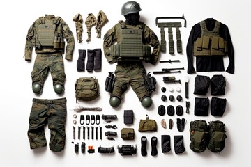 Wall Mural - knolling of tactical gear army police equipment