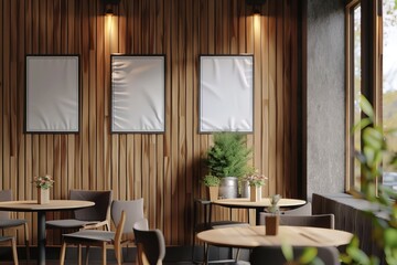 Wall Mural - Interior of a modern cafe with blank posters on the wall, wooden design elements, and minimalist furniture, concept of interior design