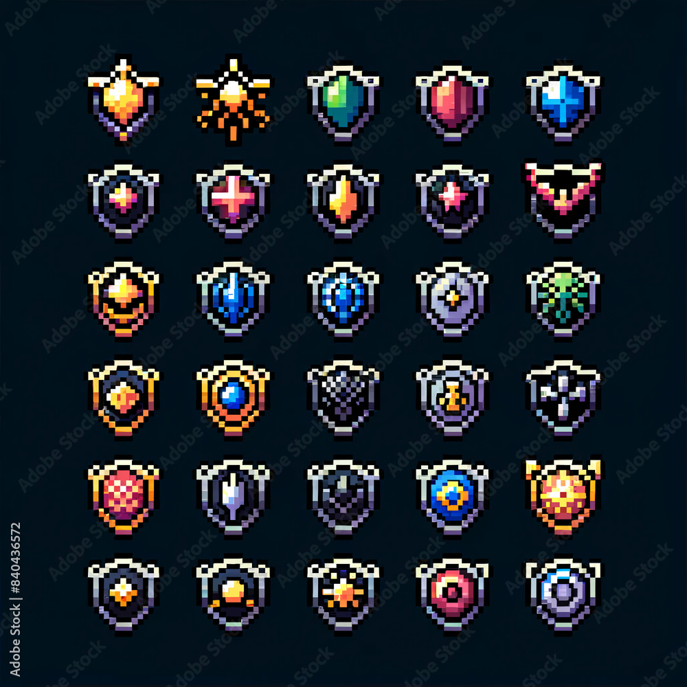 Shield Icon Rpg Pixel Art Hero's Shield Icons for RPG Games Stock Illustration | Adobe ...