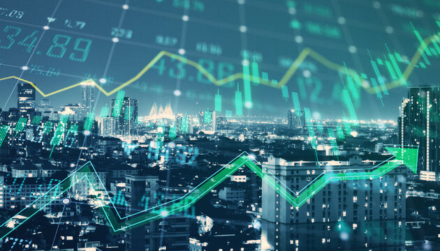 Abstract growing green forex chart and arrows on blurry night city wallpaper. Index, finance and market growth concept. Double exposure.