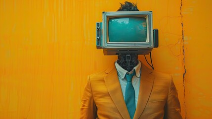 Poster - over a yellow background an art collage of a man in a suit with a retro computer head twisting wrap is shown.illustration