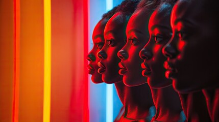 Poster - collage of models on a multicolored neon background photographs of a group of people on a multicolor