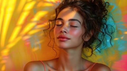 Poster - a modern collage of a young girl dreaming isolated on a tropical yellow abstract background black and white pink and green a copy area for lettering design and ads flyer square composition.stock image