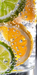 Wall Mural - A closeup of ice water with lemon and lime slices