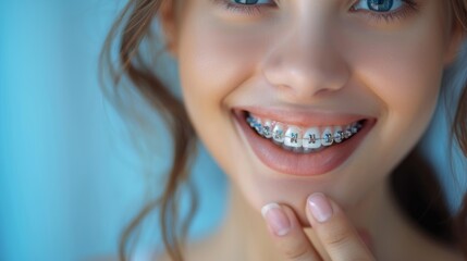 Sticker -  Woman with dental braces cleaning teeth